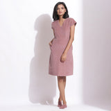 Front View of a Model wearing Mauve Cotton Corduroy V-Neck Dress