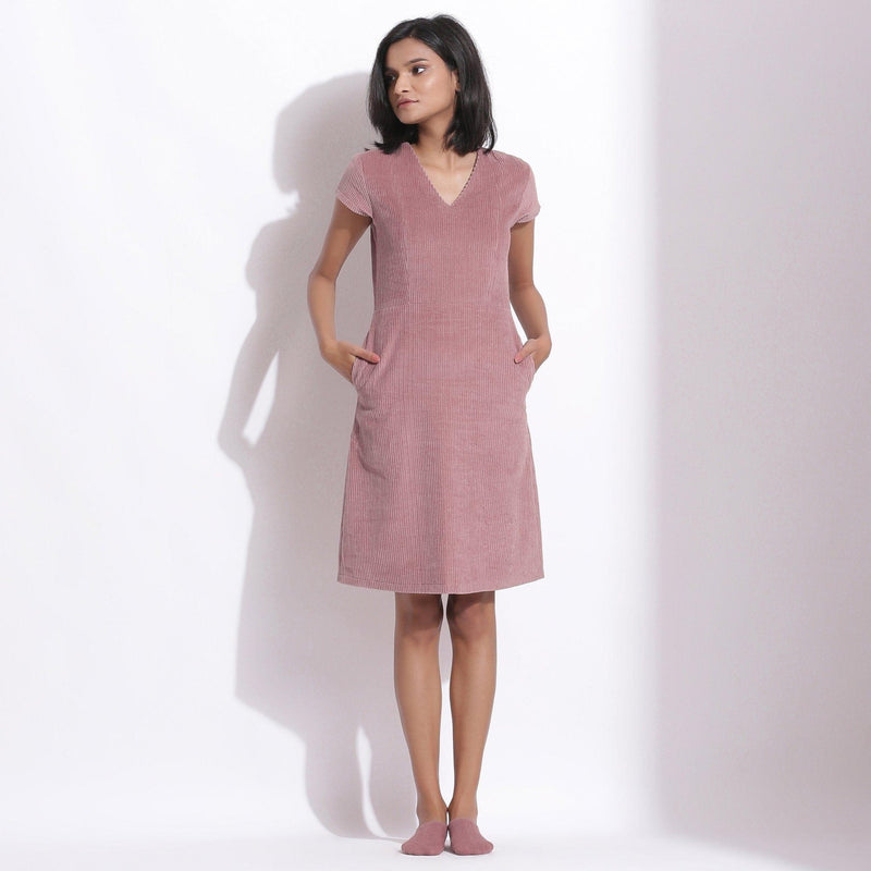 Front View of a Model wearing Mauve Cotton Corduroy V-Neck Dress