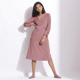 Front View of a Model wearing Cotton Corduroy Mauve Surplice Dress