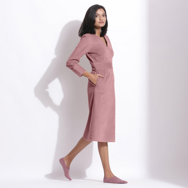 Right View of a Model wearing Cotton Corduroy Mauve Surplice Dress