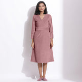 Front View of a Model wearing Cotton Corduroy Mauve Surplice Dress