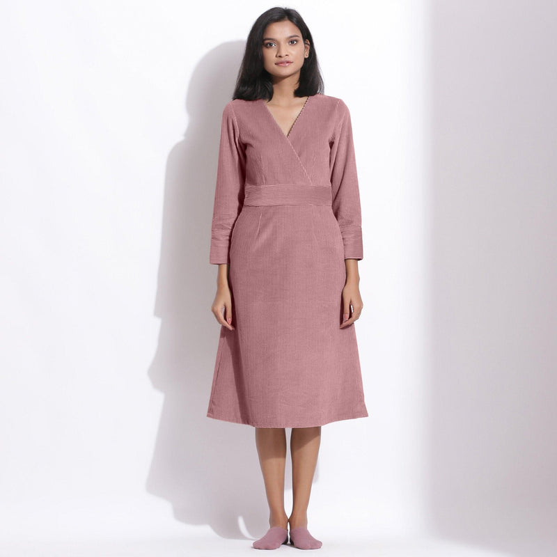 Front View of a Model wearing Cotton Corduroy Mauve Surplice Dress