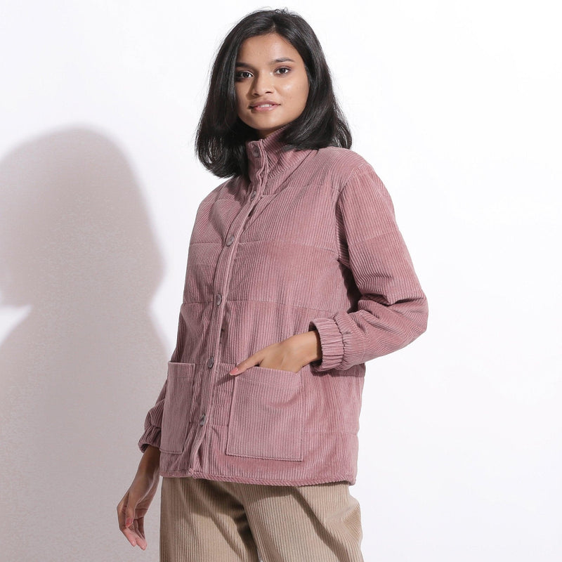 Left View of a Model wearing Mauve Corduroy Quilted Puffer Jacket