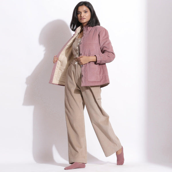 Left View of a Model wearing Mauve Warm Cotton Corduroy Quilted Puffer Jacket