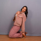 Left View of a Model wearing Mauve Warm Cotton Corduroy Short Bomber Jacket