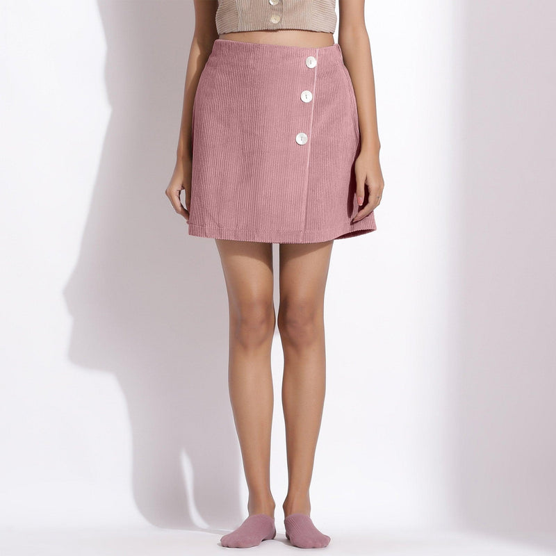 Front View of a Model wearing Mauve Cotton Corduroy Short Skirt