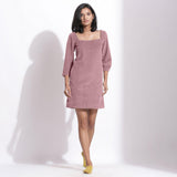 Front View of a Model wearing Mauve Cotton Corduroy Square Neck Dress