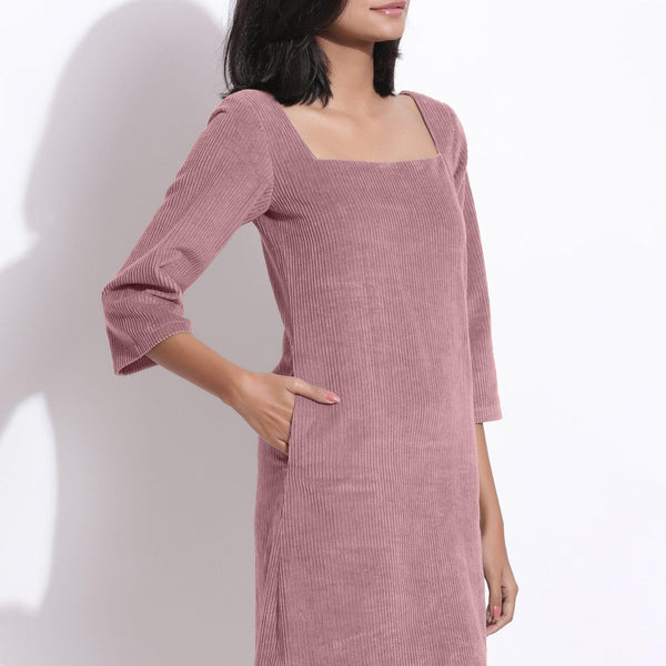 Front Detail of a Model wearing Mauve Cotton Corduroy Square Neck Dress