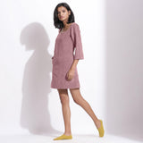 Left View of a Model wearing Mauve Cotton Corduroy Square Neck Dress