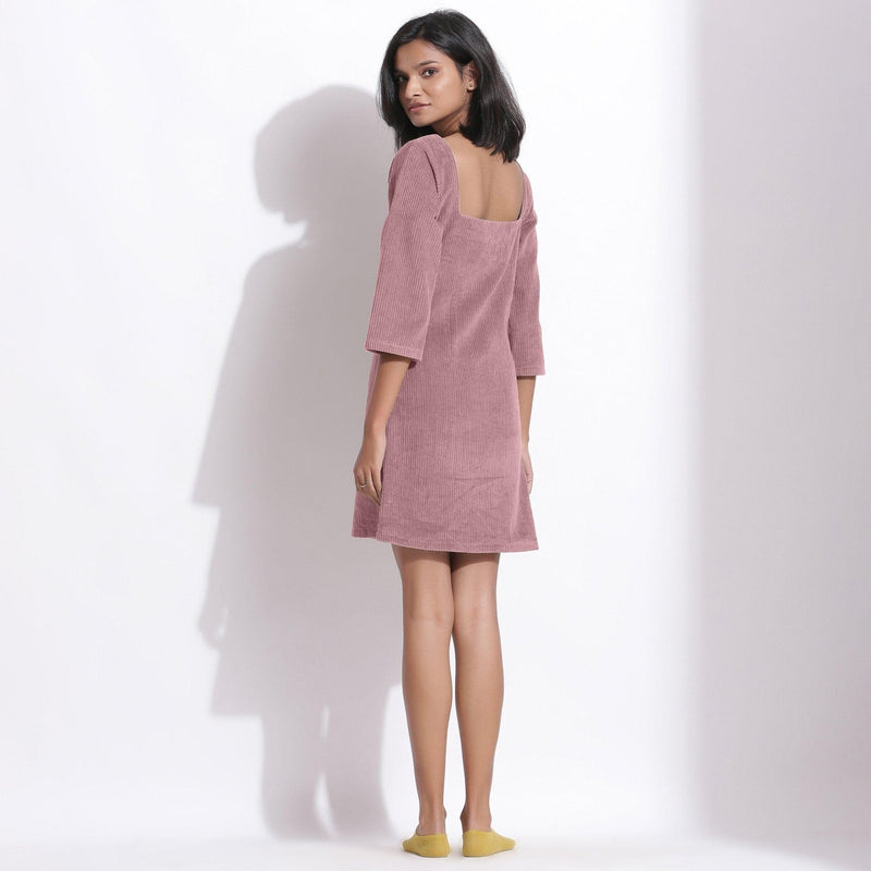 Back View of a Model wearing Mauve Cotton Corduroy Square Neck Dress