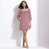 Front View of a Model wearing Mauve Cotton Corduroy Square Neck Dress