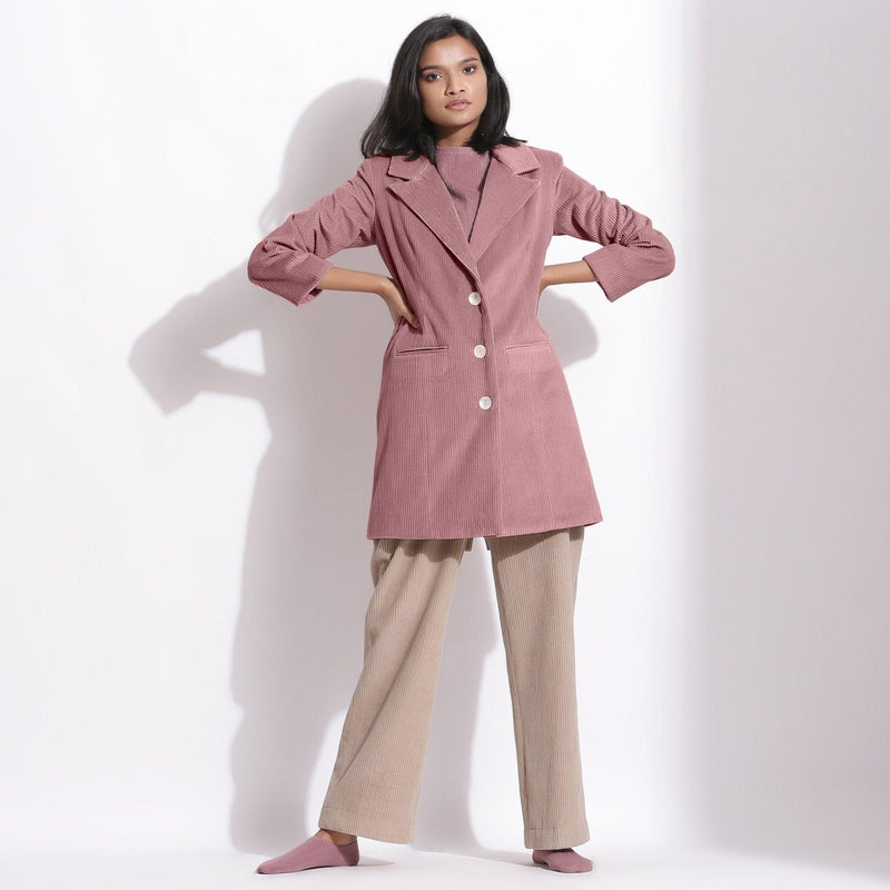 Front View of a Model wearing Mauve Cotton Corduroy Long Coat