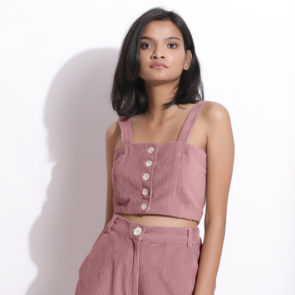 Front View of a Model wearing Mauve Cotton Corduroy Crop Top