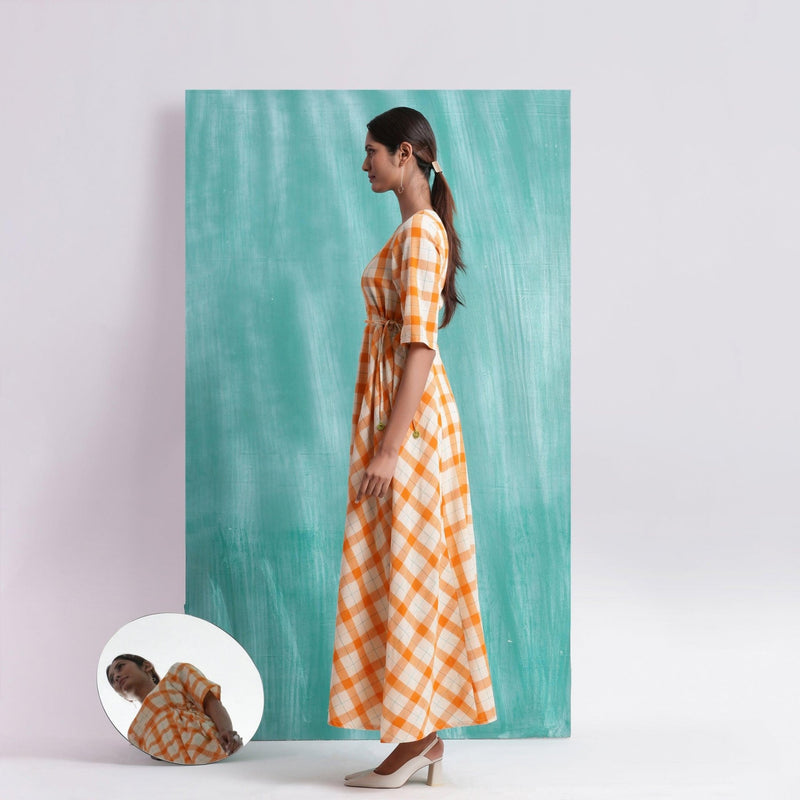 Melon Orange Checks Handspun Cotton Flared Maxi Dress