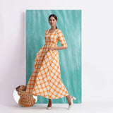 Melon Orange Checks Handspun Cotton Flared Maxi Dress