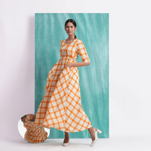 Melon Orange Checks Handspun Cotton Flared Maxi Dress