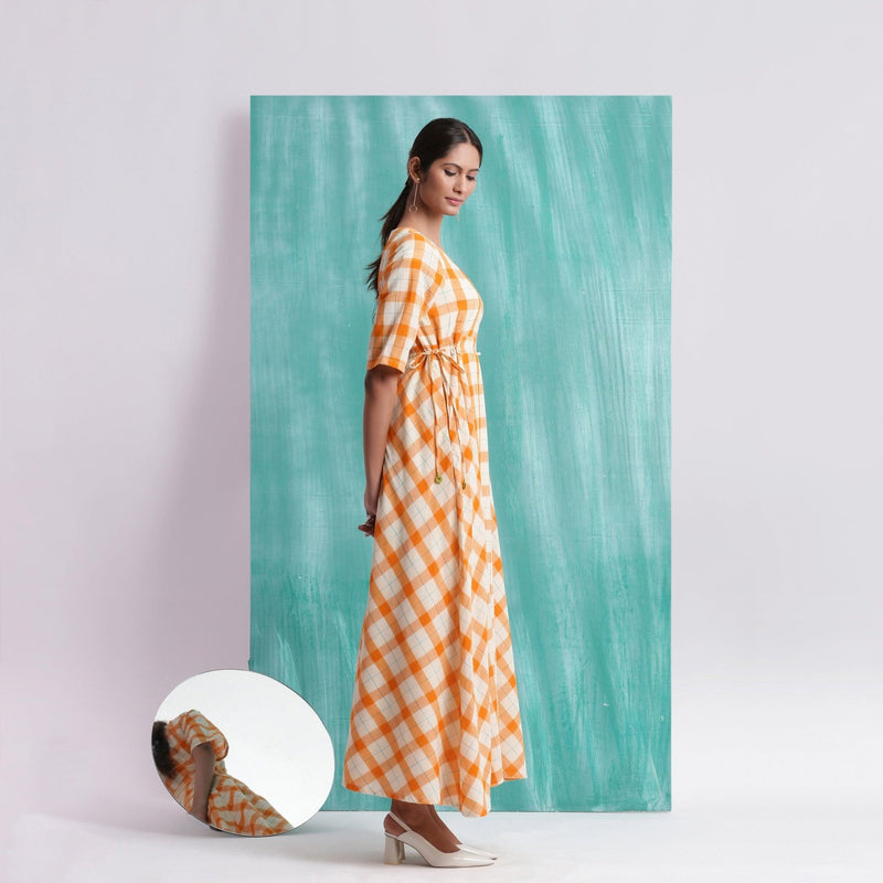 Melon Orange Checks Handspun Cotton Flared Maxi Dress