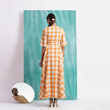 Melon Orange Checks Handspun Cotton Flared Maxi Dress