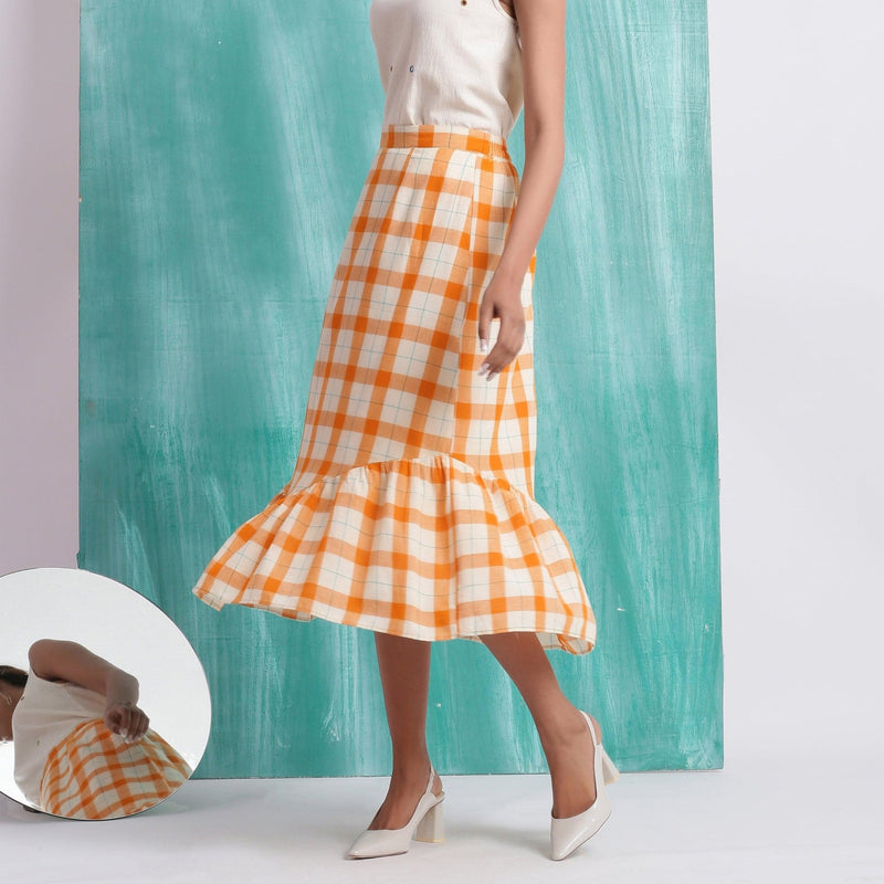 Melon Orange Handspun Cotton Elasticated Tiered Midi Skirt