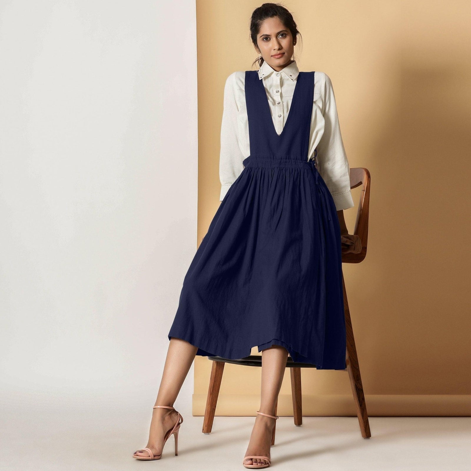 Midnight Blue Cotton Flax Pinafore Midi Wrap Dress 42