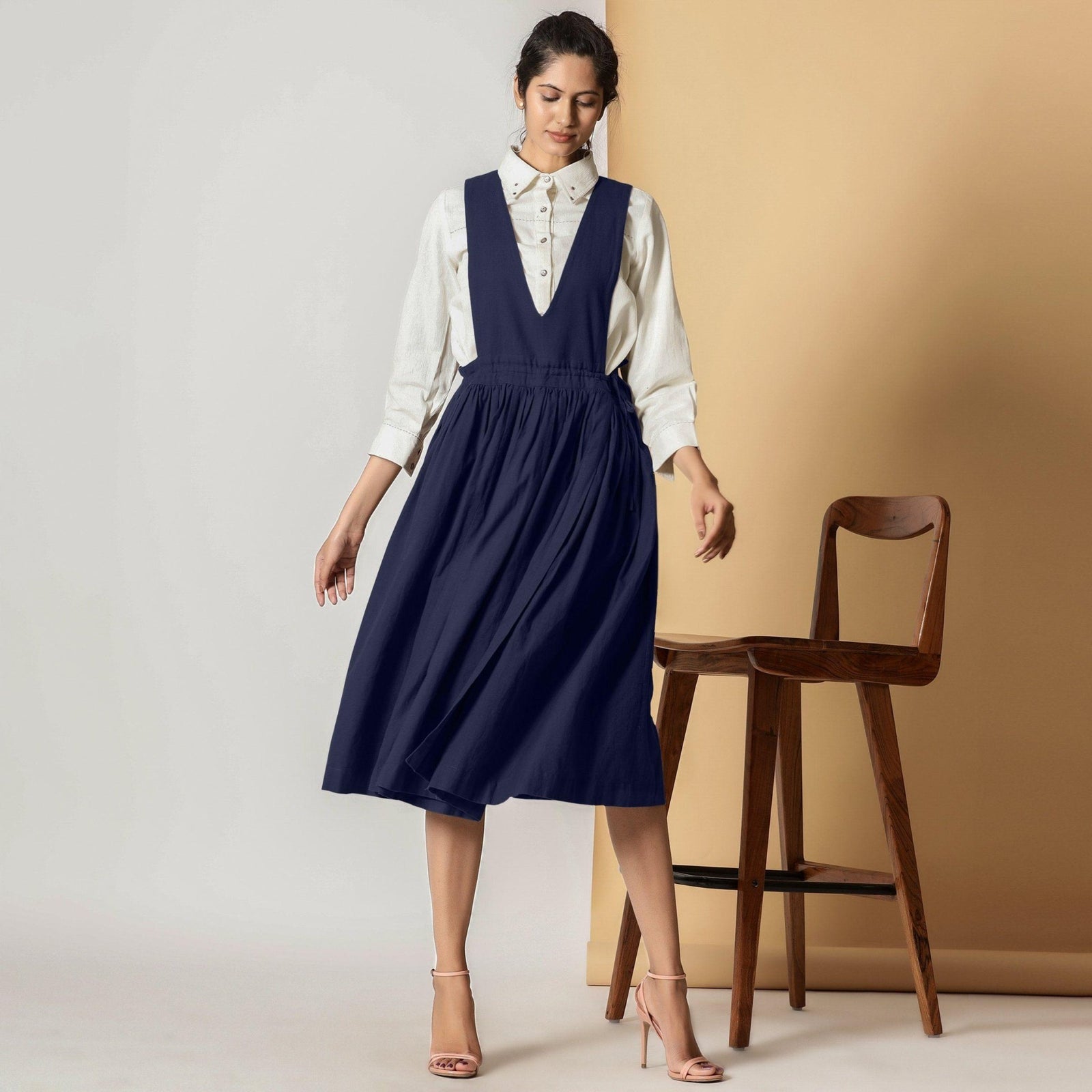 Midnight Blue Cotton Flax Pinafore Midi Wrap Dress 42" / Petite (5'1" and below) Midnight Blue Cotton Flax Pinafore Midi Wrap Dress 42" / Petite (5'1" and below)