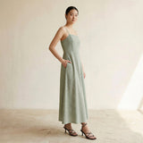 Mint Green Checks Handspun Cotton Ankle Length Flared Sundress