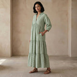 Mint Green Checks Handspun Cotton Deep-V Maxi Tier Dress