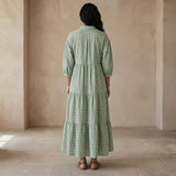Mint Green Checks Handspun Cotton Deep-V Maxi Tier Dress