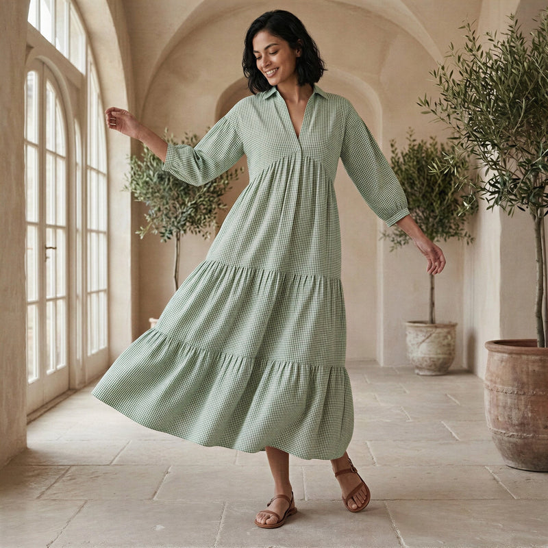 Mint Green Checks Handspun Cotton Deep-V Maxi Tier Dress 40
