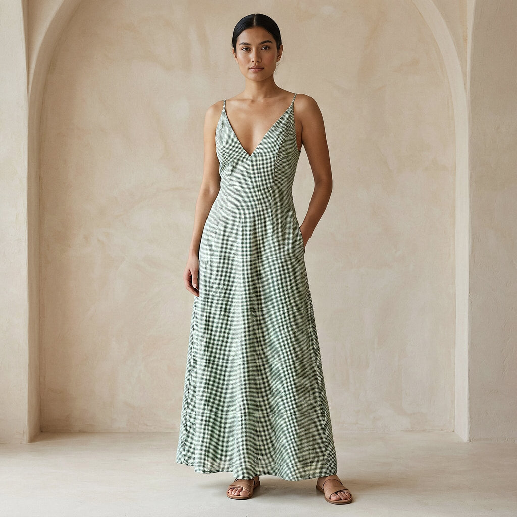 Buy Mint Green Checks Handspun Cotton Deep V-Neck Cami Maxi Dress Online at SeamsFriendly Buy Mint Green Checks Handspun Cotton Deep V-Neck Cami Maxi Dress Online at SeamsFriendly