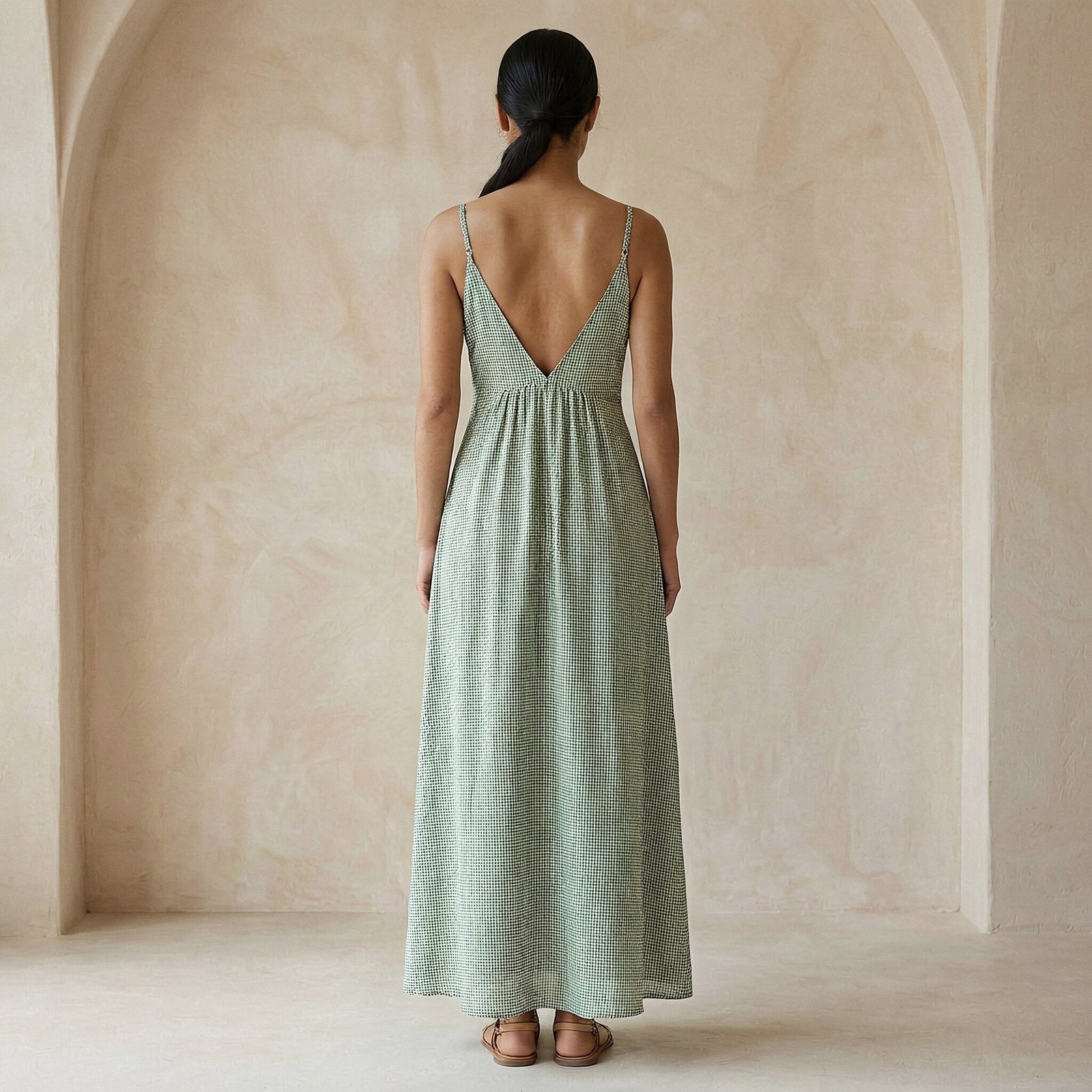 Buy Mint Green Checks Handspun Cotton Deep V-Neck Cami Maxi Dress Online at  SeamsFriendly