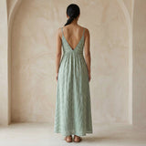 Mint Green Checks Handspun Cotton Deep V-Neck Cami Maxi Dress