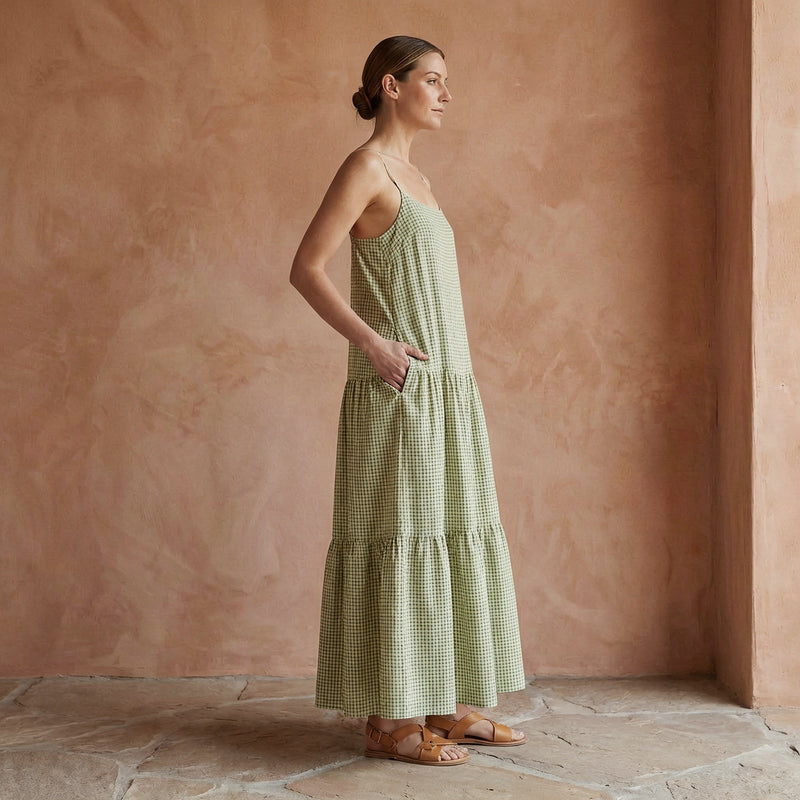 Mint Green Checks Handspun Cotton Drop-Waist Camisole Maxi Tier Dress 34" / Tall (5'7" and above) Mint Green Checks Handspun Cotton Drop-Waist Camisole Maxi Tier Dress 34" / Tall (5'7" and above)