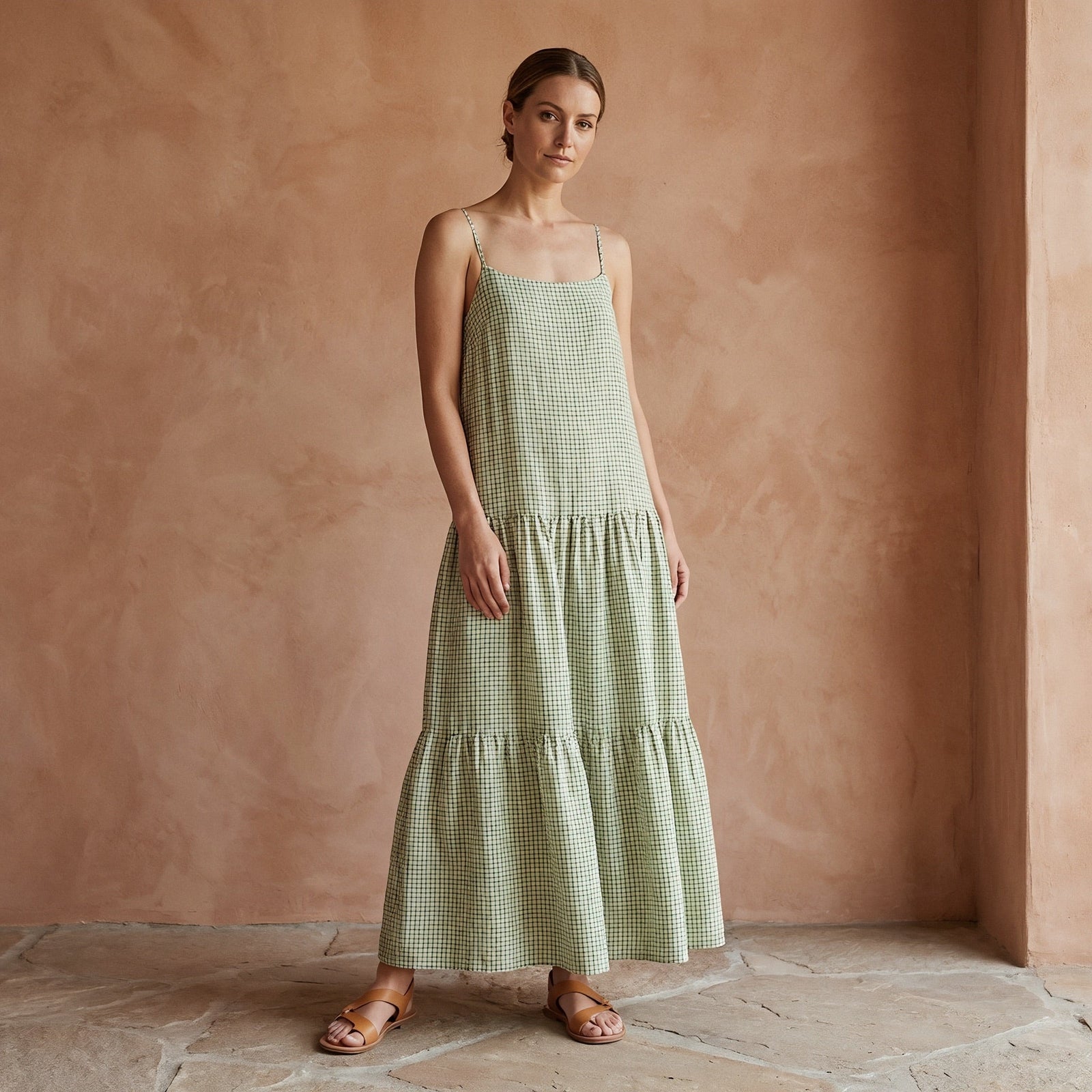 Mint Green Checks Handspun Cotton Drop-Waist Camisole Maxi Tier Dress 34" / Tall (5'7" and above) Mint Green Checks Handspun Cotton Drop-Waist Camisole Maxi Tier Dress 34" / Tall (5'7" and above)