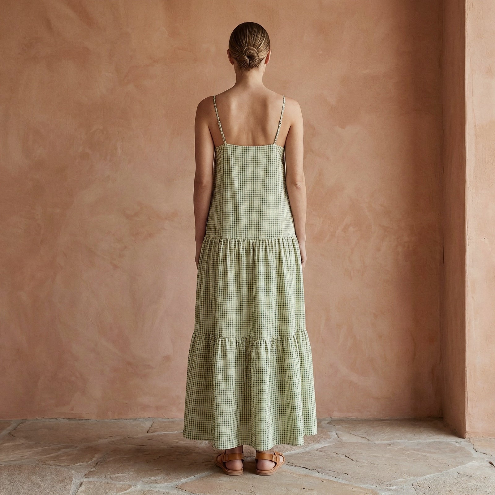 Mint Green Checks Handspun Cotton Drop-Waist Camisole Maxi Tier Dress 34" / Tall (5'7" and above) Mint Green Checks Handspun Cotton Drop-Waist Camisole Maxi Tier Dress 34" / Tall (5'7" and above)