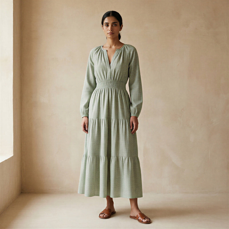Buy Mint Green Checks Handspun Cotton Fit and Flare Maxi Tier Dress Online at SeamsFriendly Buy Mint Green Checks Handspun Cotton Fit and Flare Maxi Tier Dress Online at SeamsFriendly