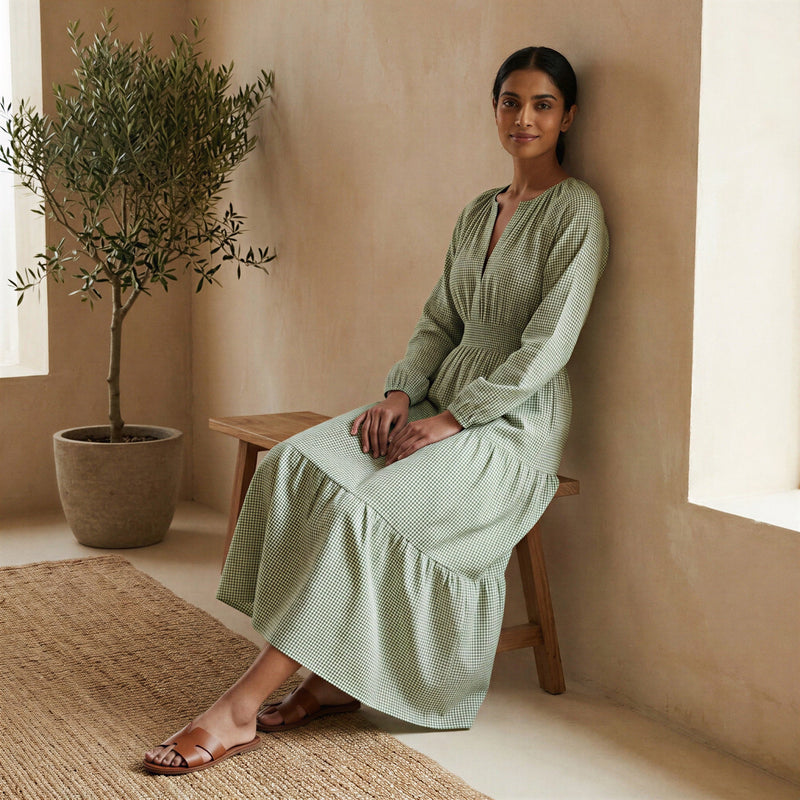 Buy Mint Green Checks Handspun Cotton Fit and Flare Maxi Tier Dress Online at SeamsFriendly Buy Mint Green Checks Handspun Cotton Fit and Flare Maxi Tier Dress Online at SeamsFriendly