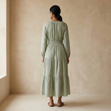 Mint Green Checks Handspun Cotton Fit and Flare Maxi Tier Dress