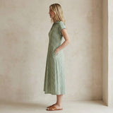 Mint Green Checks Handspun Cotton Paneled A-Line Midi Dress