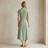 Mint Green Checks Handspun Cotton Paneled A-Line Midi Dress