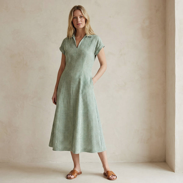 Mint Green Checks Handspun Cotton Paneled A-Line Midi Dress