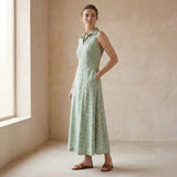 Mint Green Checks Handspun Cotton Paneled Sleeveless Maxi Dress