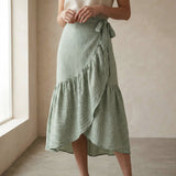 Mint Green Checks Handspun Cotton Ruffle Midi Wrap Skirt