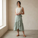 Mint Green Checks Handspun Cotton Ruffle Midi Wrap Skirt