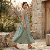 Mint Green Checks Handspun Cotton Sleeveless Paneled Maxi Dress