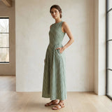 Mint Green Checks Handspun Cotton Sleeveless Paneled Maxi Dress