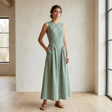 Mint Green Checks Handspun Cotton Sleeveless Paneled Maxi Dress