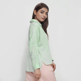 Right View of a Model wearing Mint Green Cotton High Low Long Top