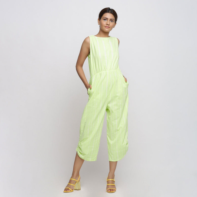 Front View of a Model wearing Mint Green Hand Tie Dyed Straight Jumpsuit