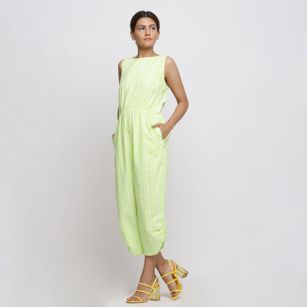 Front View of a Model wearing Mint Green Hand Tie Dyed Straight Jumpsuit